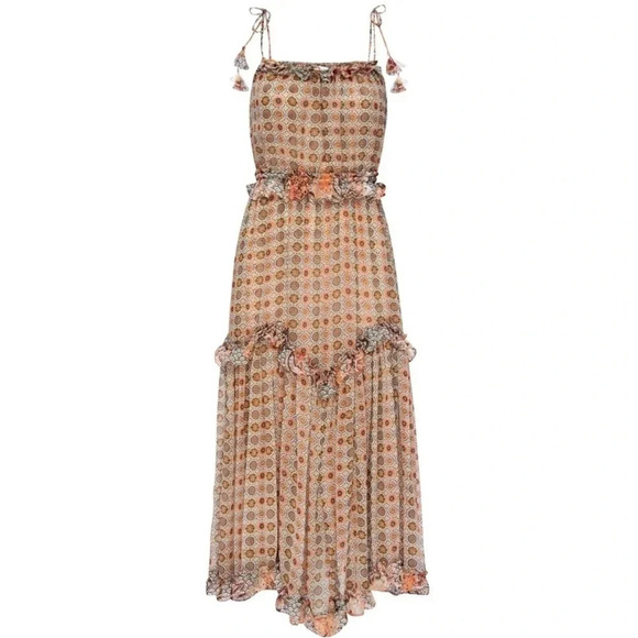 MISA Nita Midi Ruffle Dress in Flora Tile Mix Green and Pink Size S NWT - Picture 2 of 13